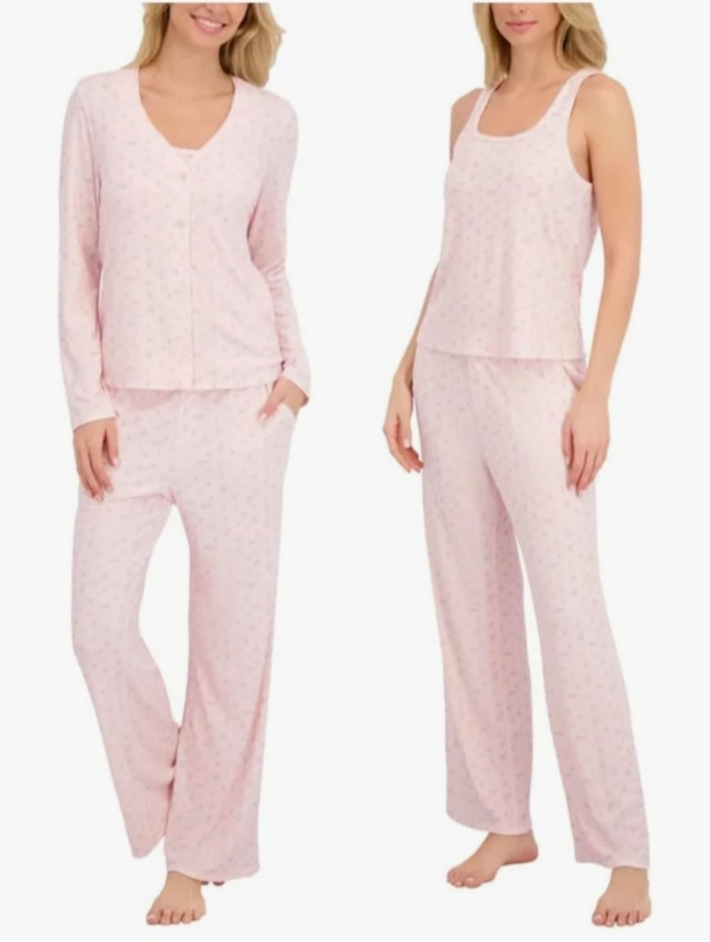 New Live 2 Lounge 3-Piece Set Pink Medium Floral Tank Pants Cardigan Lounge PJ